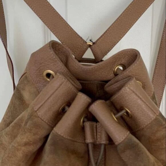 Bamboo Suede Leather Backpack Brown Drawstring Rucksack Bag - Picture 4 of 7